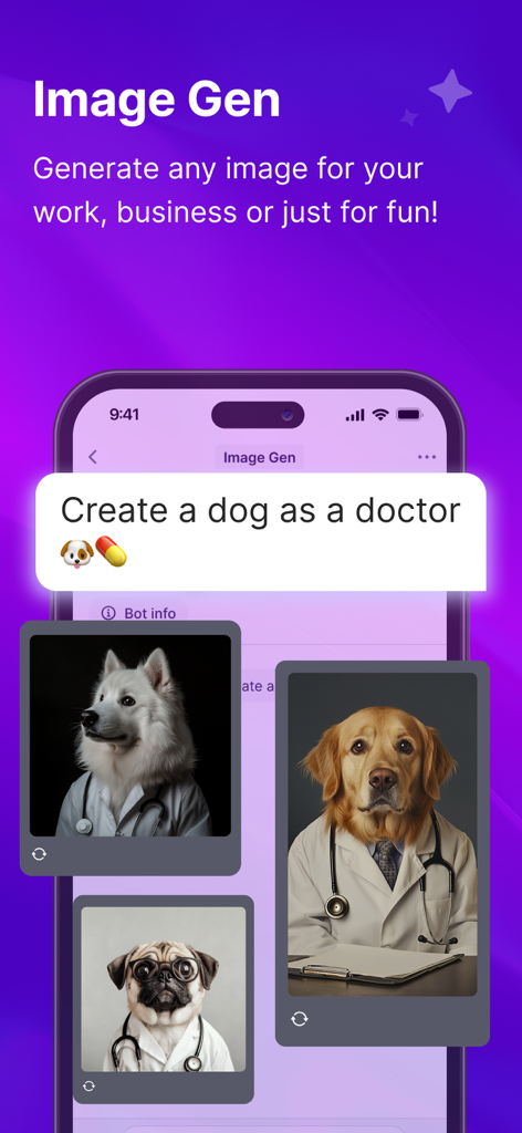 Benutzeroberfläche der Coursiv-App, die die KI-Bilderzeugung von Hunden zeigt, die als Ärzte verkleidet sind, basierend auf einer Texteingabeaufforderung