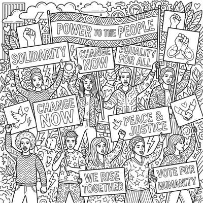 Immerse yourself in a dynamic scene of solidarity and social justice with this compelling coloring page. Featuring a diverse group of activists holding powerful messages, it’s an inspiring way to engage with themes of change and unity.