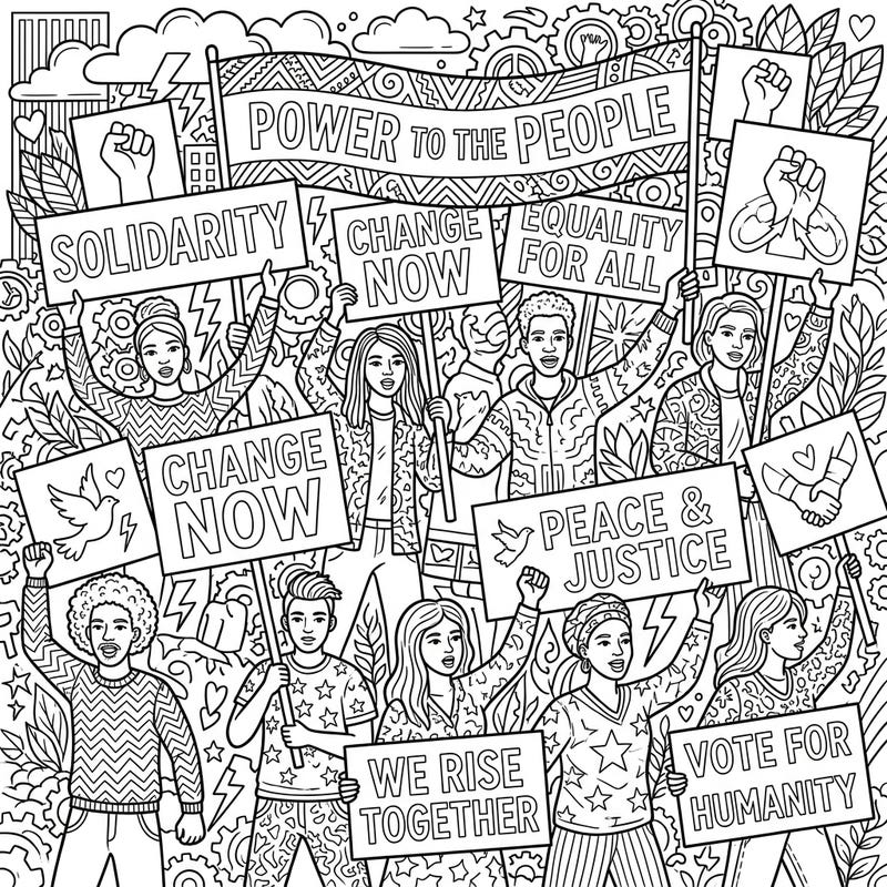 Immerse yourself in a dynamic scene of solidarity and social justice with this compelling coloring page. Featuring a diverse group of activists holding powerful messages, it’s an inspiring way to engage with themes of change and unity.