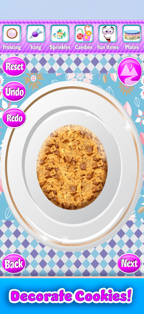 Cookie Maker & Cooking Games - A chocolate chip cookie on a white plate with options to add frosting, icing, and sprinkles in the Cookie Maker game.