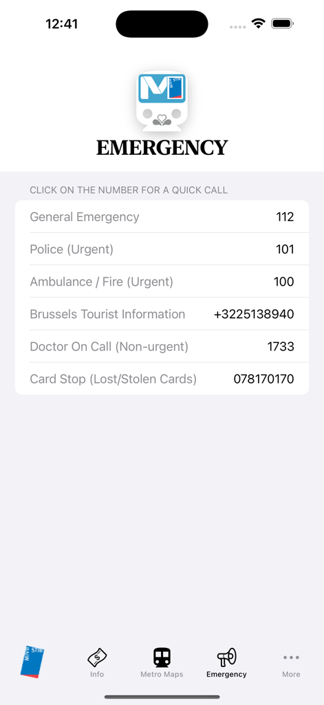 브뤼셀 지하철 노선도 앱의 비상 연락처 화면으로 경찰 및 구급대 서비스 포함.