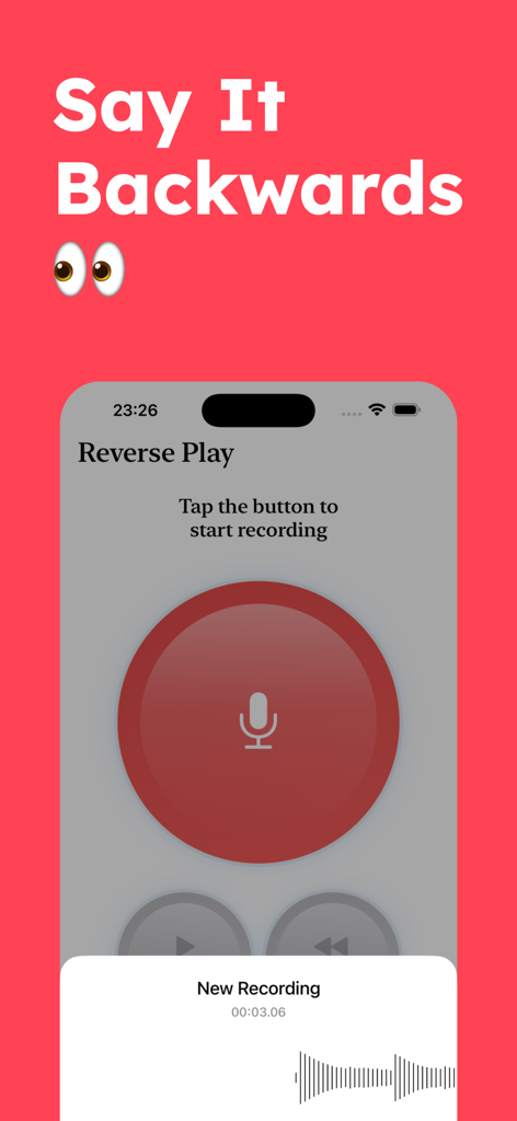 Oberfläche der Reverse Play App, die den Aufnahme-Button und die Überschrift 'Sage es rückwärts' anzeigt