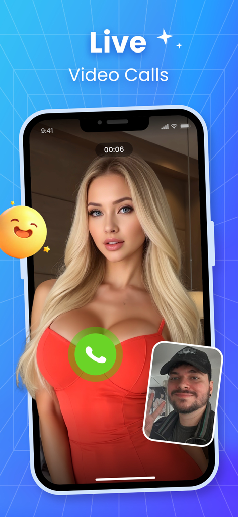 Smartphone screen displaying a live video chat with a woman and a male caller.