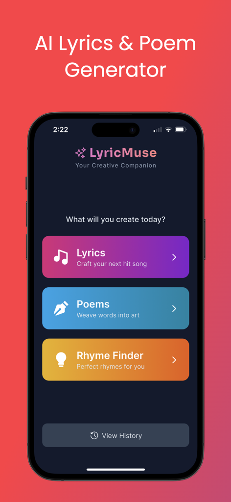 AI Poem & Lyric Generator - LyricMuse App-Startbildschirm mit Menüoptionen für KI-Texte, Gedichte und einen Reim-Finder.