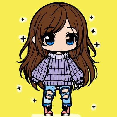 chibi girl with ripped jeans,long hair, and an oversized sweater