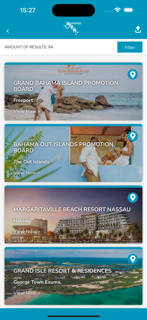 A list of Bahamas travel destinations and resorts within the Bahamas Specialist app showing search results for travel advisors