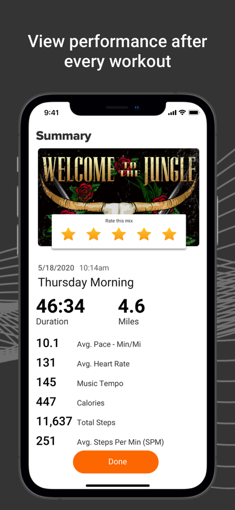 RockMyRun - Workout Music - RockMyRun app workout summary screen displaying performance metrics including duration distance pace and heart rate