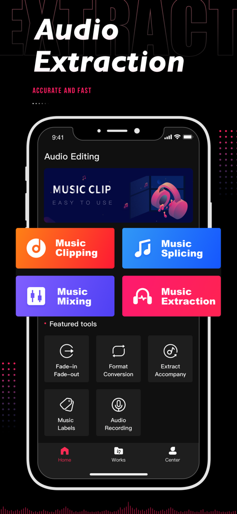 Audiolab app home screen showing audio editing features including music clipping splicing mixing and extraction