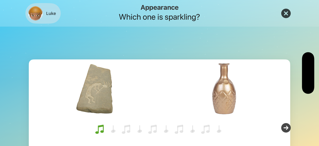 Adjective Remix - Pantalla educativa de Adjective Remix preguntando al estudiante identificar un objeto brillante en la categoría de apariencia.