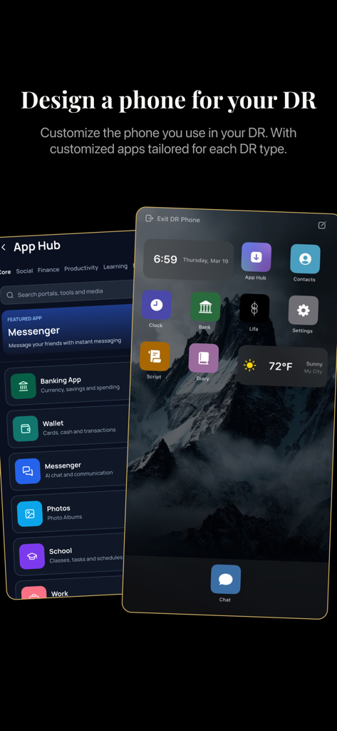Screenshot of LifaPhone app showing a customizable phone interface for reality shifting
