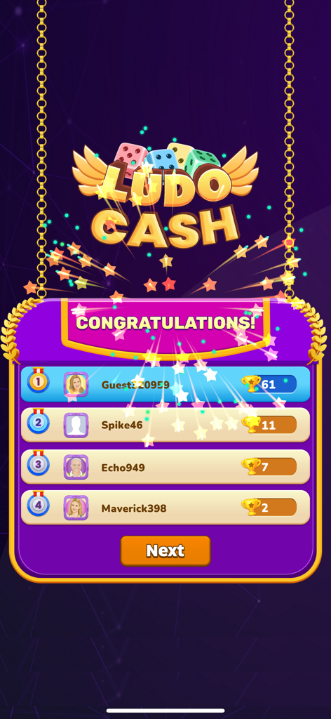 Ludo Cash - Ludo Cash game leaderboard showing top ranked players and their trophy points