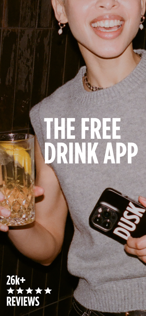 DUSK - Drinks, Deals & Rewards - A smiling person holding a cocktail and a smartphone with a DUSK app branded case