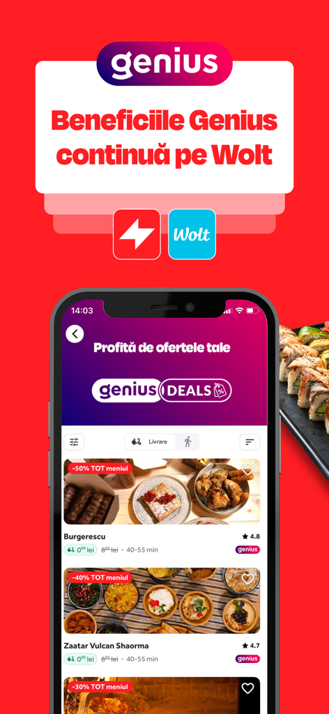 Tazz and Wolt mobile app interface showing exclusive Genius deals and food delivery offers.