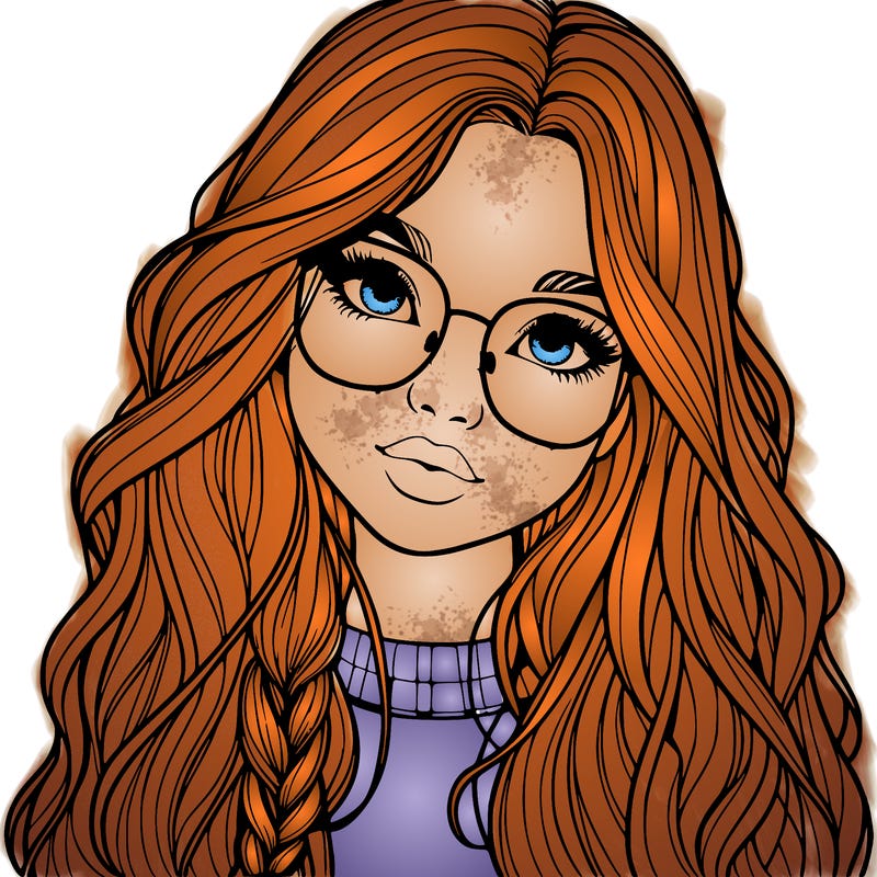 girl with long hair and freckles and glasses realistic