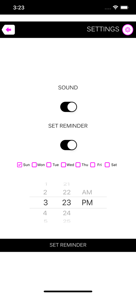 Settings screen of Facefitness app with options for sound and daily exercise reminders