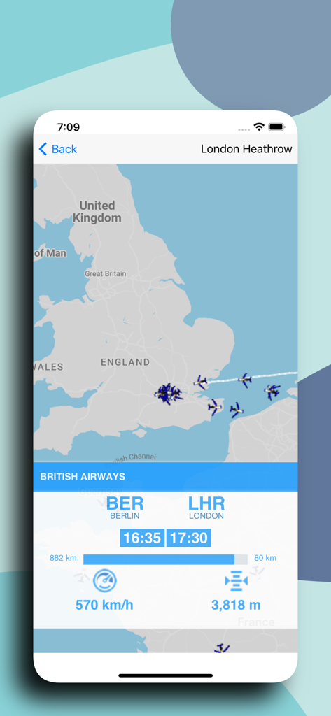 BAW: British Airways Air Sonar - Interfaccia dell'app BAW Air Sonar che mostra una mappa di tracciamento voli sull'Inghilterra e dati di volo in tempo reale per un aereo British Airways