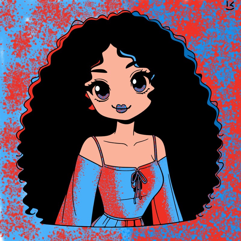 a black anime girl with long afro hair