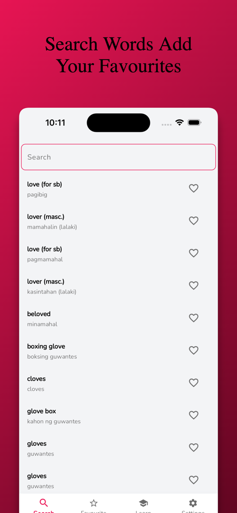 Tagalog Learning - Beginners - Tagalog learning app search screen with word translations and favorite options