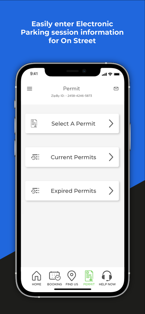 ZipBy - ZipBy app interface showing the permit section for on-street electronic parking sessions.