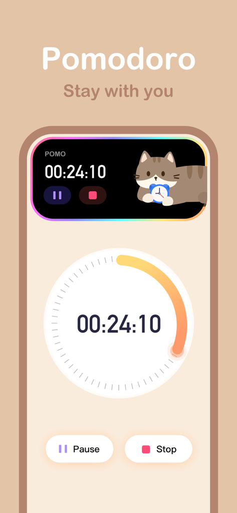 Cute pet: Self care pet widget - Pomodoro focus timer interface with a cute cat illustration in the Dynamic Island and main screen