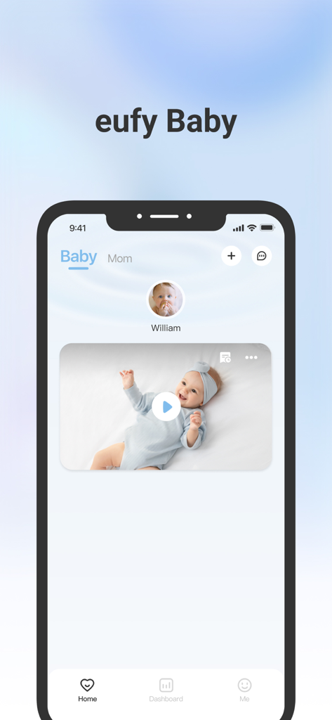 eufy Baby - eufy Babyアプリのホーム画面に赤ちゃんのライブビデオフィードが表示されたスマートフォン。