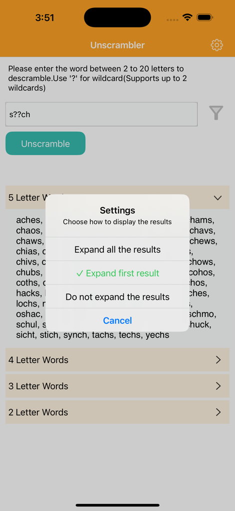 Unscrambler-Word - Unscrambler app interface displaying results for a wildcard search with a results settings menu open