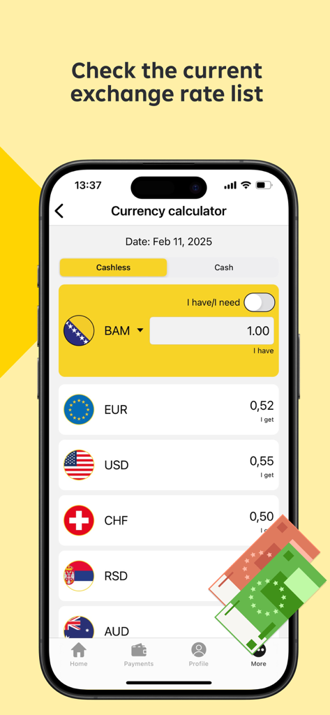 Raiffeisen Mobile Banking - Währungsrechner-Bildschirm in der Raiffeisen Mobile Banking App mit Wechselkursen der Bosnischen Mark für EUR und USD