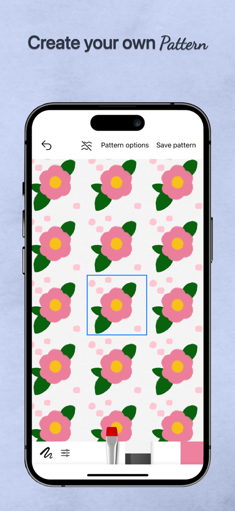 モバイルデバイス上のピンクの花のデザインで、パターン作成機能が表示されているTayasui Watercolorアプリのインターフェイス
