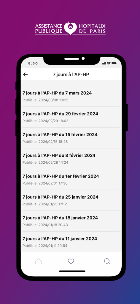 Institutional news list in the APHP Pro mobile application