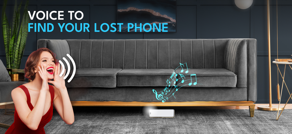 Mujer gritando para localizar su teléfono perdido que emite luz y sonido debajo de un sofá