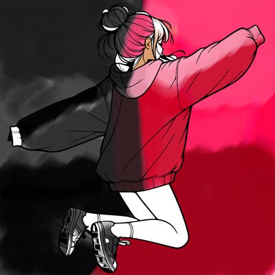 realistic girl jumping with a bun and oversized sweatshirt