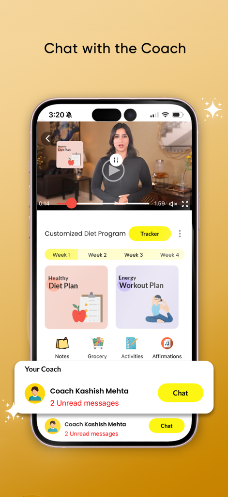 ImWow - ImWow app screen displaying customized diet and workout plans with a direct chat option to a personal health coach