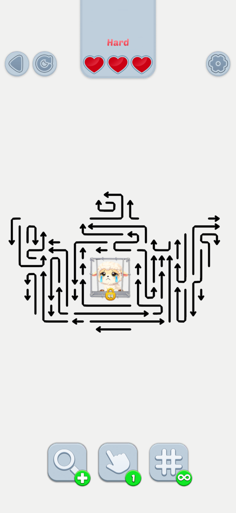 Arrow Rescue: Save the Animal - A logic puzzle featuring a sad sheep trapped in a cage surrounded by a complex maze of black arrows