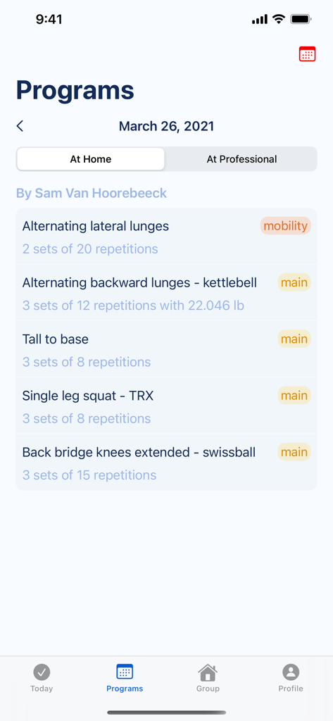 Sweevy - Screenshot of the Sweevy app showing a daily workout program with a list of exercises and sets for a client