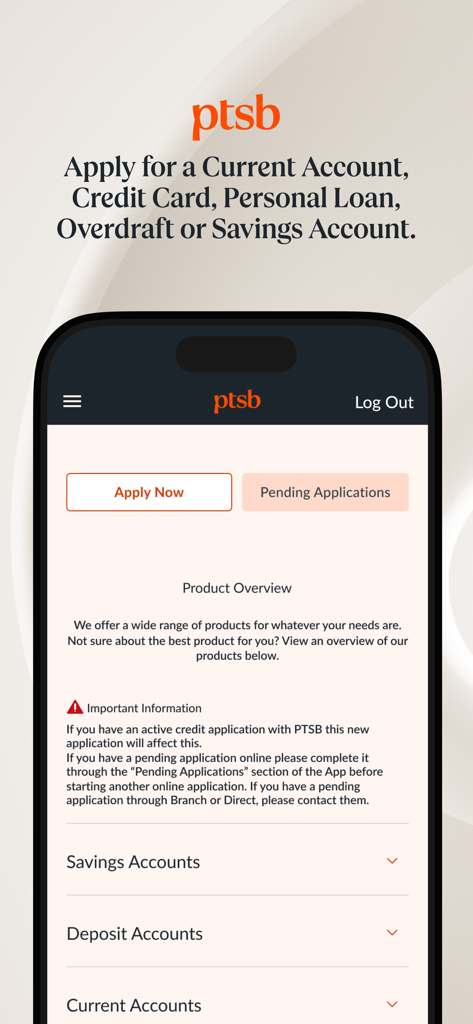 Interfaz de la app de banca móvil PTSB que muestra opciones de solicitud de productos para cuentas y préstamos.
