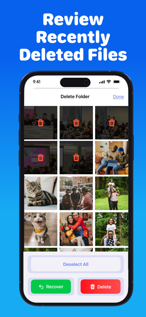 PixSwipe: Photo Delete Swipe - Una interfaz móvil de la aplicación PixSwipe que muestra una cuadrícula de fotos eliminadas recientemente con opciones para recuperarlas o eliminarlas permanentemente.