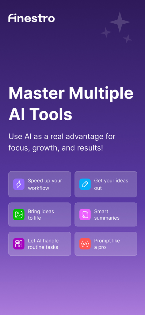 Finestro: AI Tools Mastery - Finestro app interface showing key benefits of mastering AI tools like workflow optimization and smart summaries.