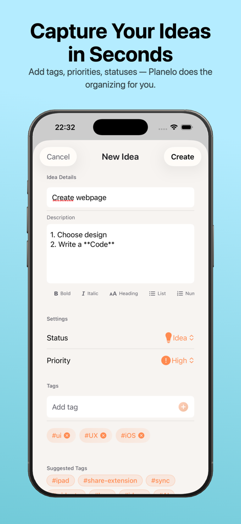 Planelo app screen showing a new idea form with tags and priority selection.