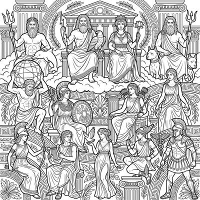 Immerse yourself in the world of ancient mythology with this stunning coloring page featuring a pantheon of Greek Gods and Goddesses. Discover powerful Olympians and Titans, ready for your artistic touch.