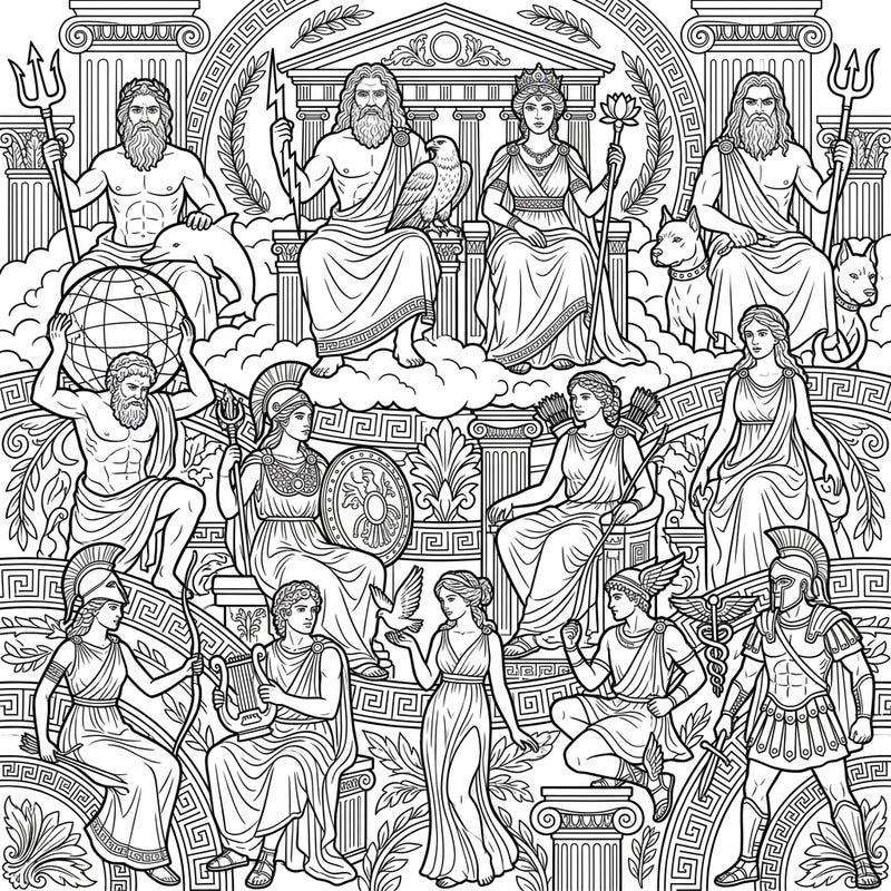 Immerse yourself in the world of ancient mythology with this stunning coloring page featuring a pantheon of Greek Gods and Goddesses. Discover powerful Olympians and Titans, ready for your artistic touch.