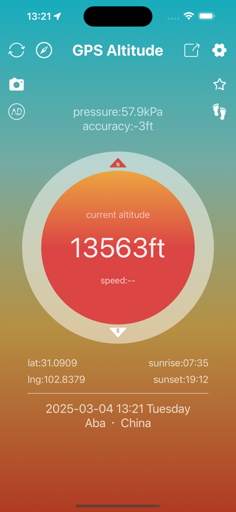 GPS Altitude&Height tracker - GPS Altitude app interface showing a current elevation of 13563 feet with air pressure and coordinates