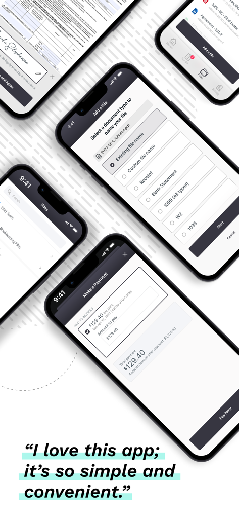 Screenshot dell'app Canopy Client Portal che mostrano il caricamento di documenti fiscali e l'interfaccia di pagamento