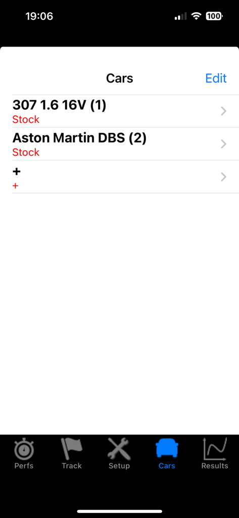 Interface of the PerfectPower app showing a list of registered cars for performance measurement