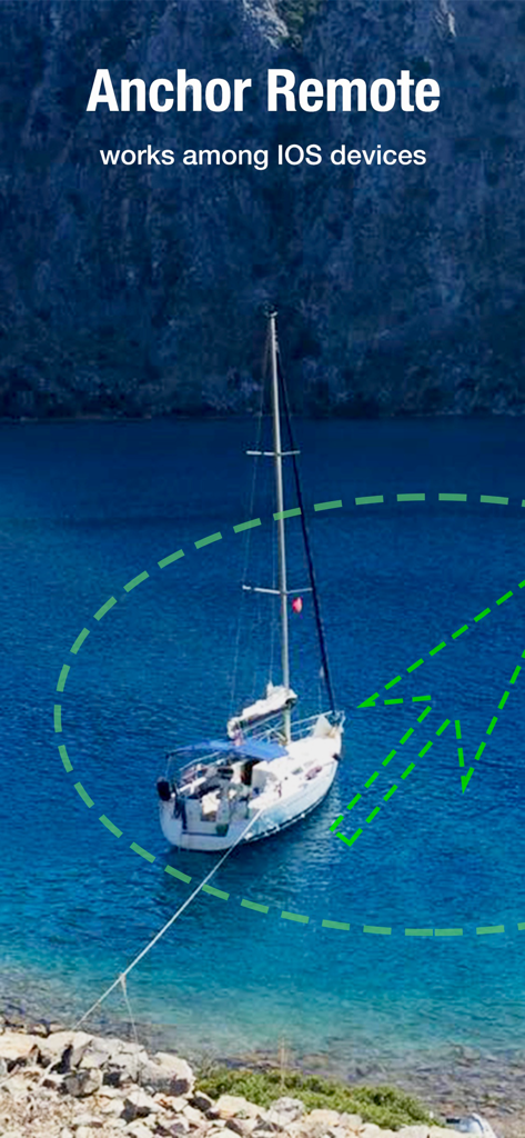 Sailboat at anchor in blue water showing the Anchor Remote cross-device monitoring feature