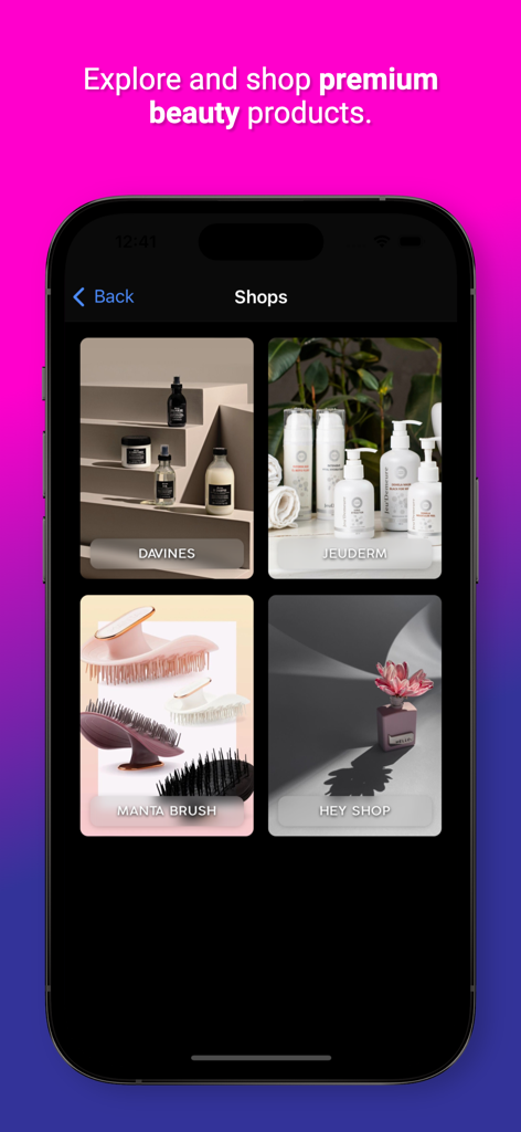 Hey Beauty mobile app screen displaying a marketplace for premium beauty products and brands