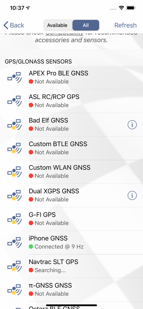 Harry's Dyno - List of compatible external GPS and GLONASS sensors within the Harry's Dyno app interface.