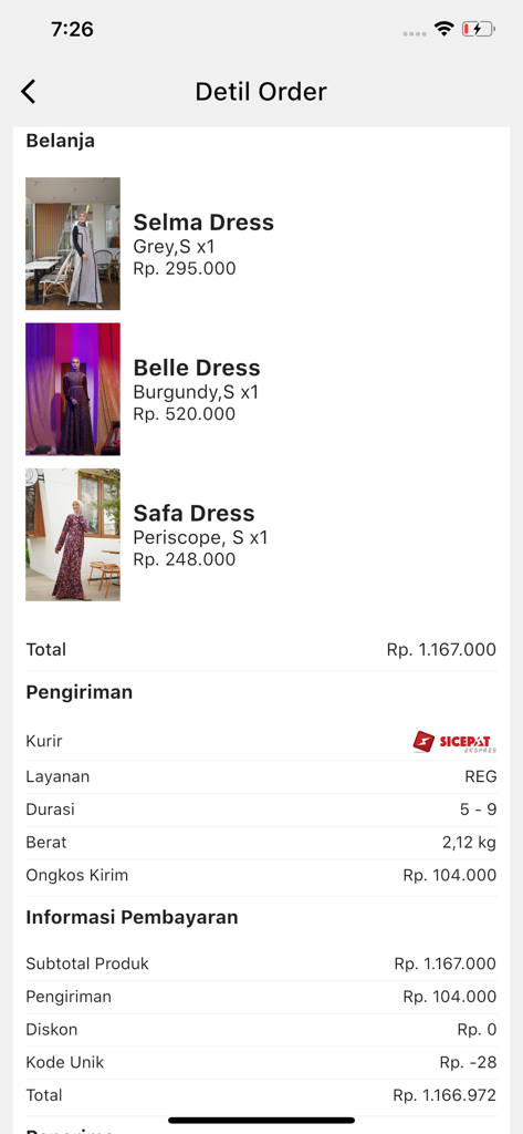ZB - Detailed order summary screen in the ZB app showing purchased modest fashion dresses and shipping costs