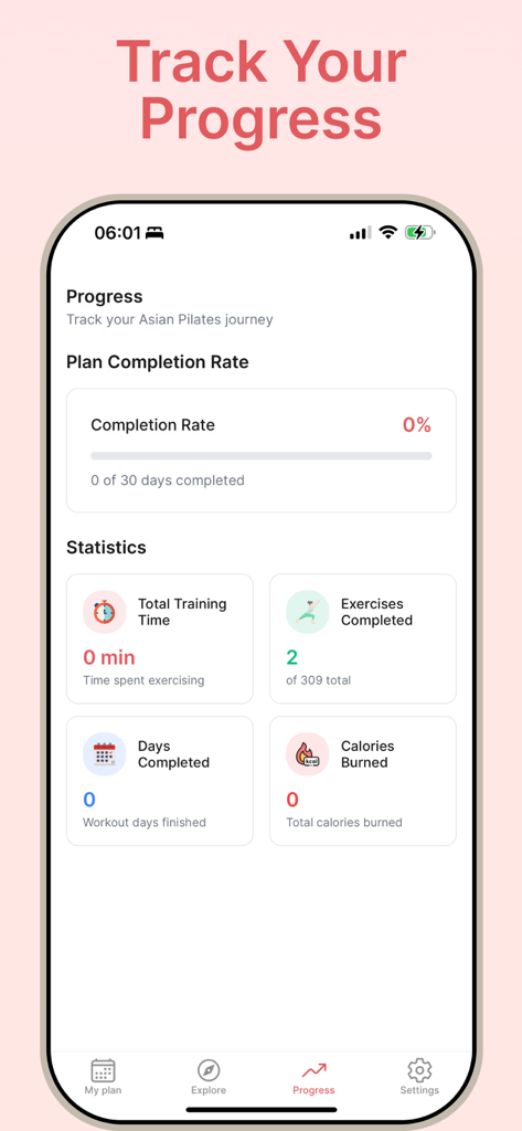 Asian pilates: Pilates at Home - A fitness progress tracking screen showing workout statistics such as completion rate total training time and calories burned