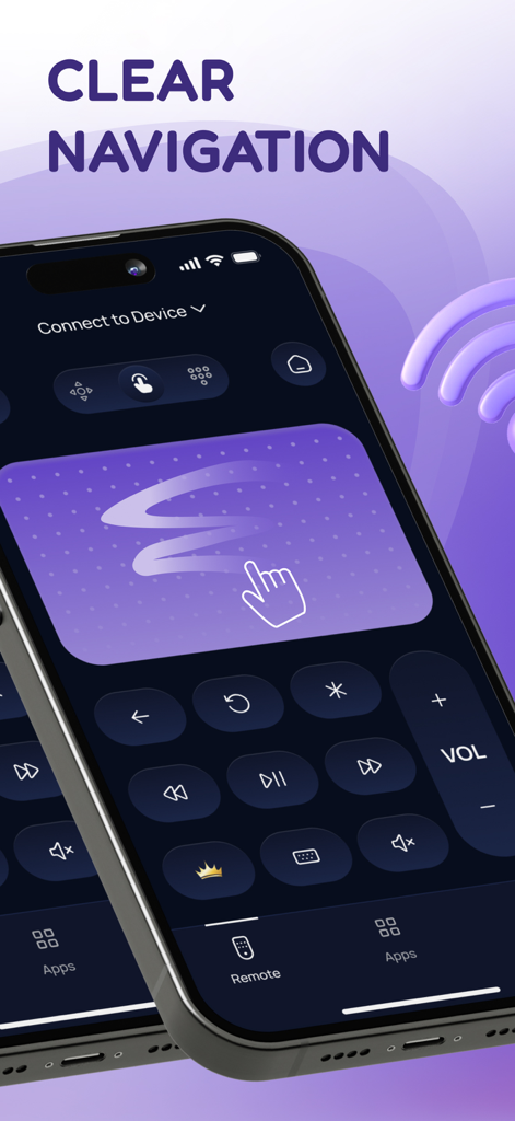 Universal Remote TV ◦ for Roku - iPhone mostrando la pantalla de navegación clara de la aplicación Control Remoto Universal TV para Roku con un gran panel táctil y controles de reproducción