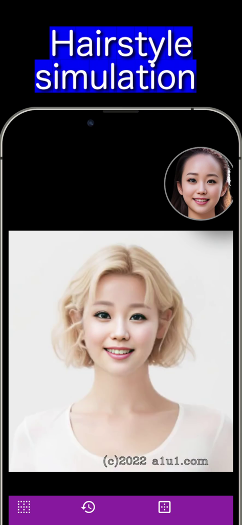 a1u1: Face Swap Collage.Click - Hairstyle simulation feature in a1u1 face swap app showing a woman with short blonde hair